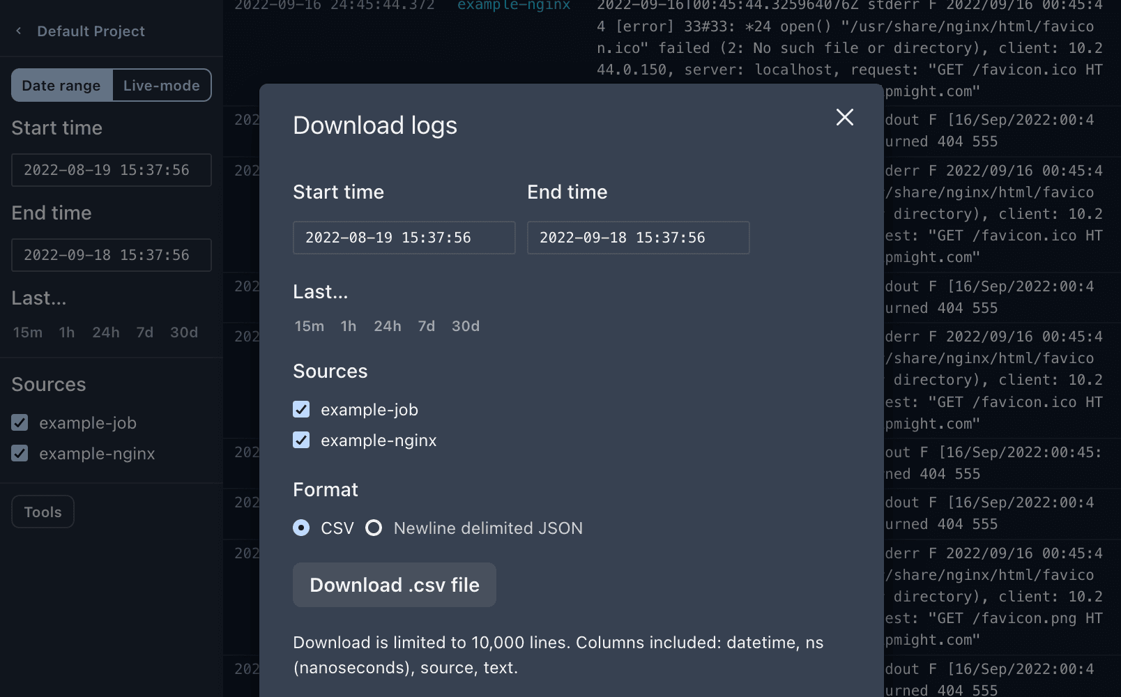 Screenshot of log download modal