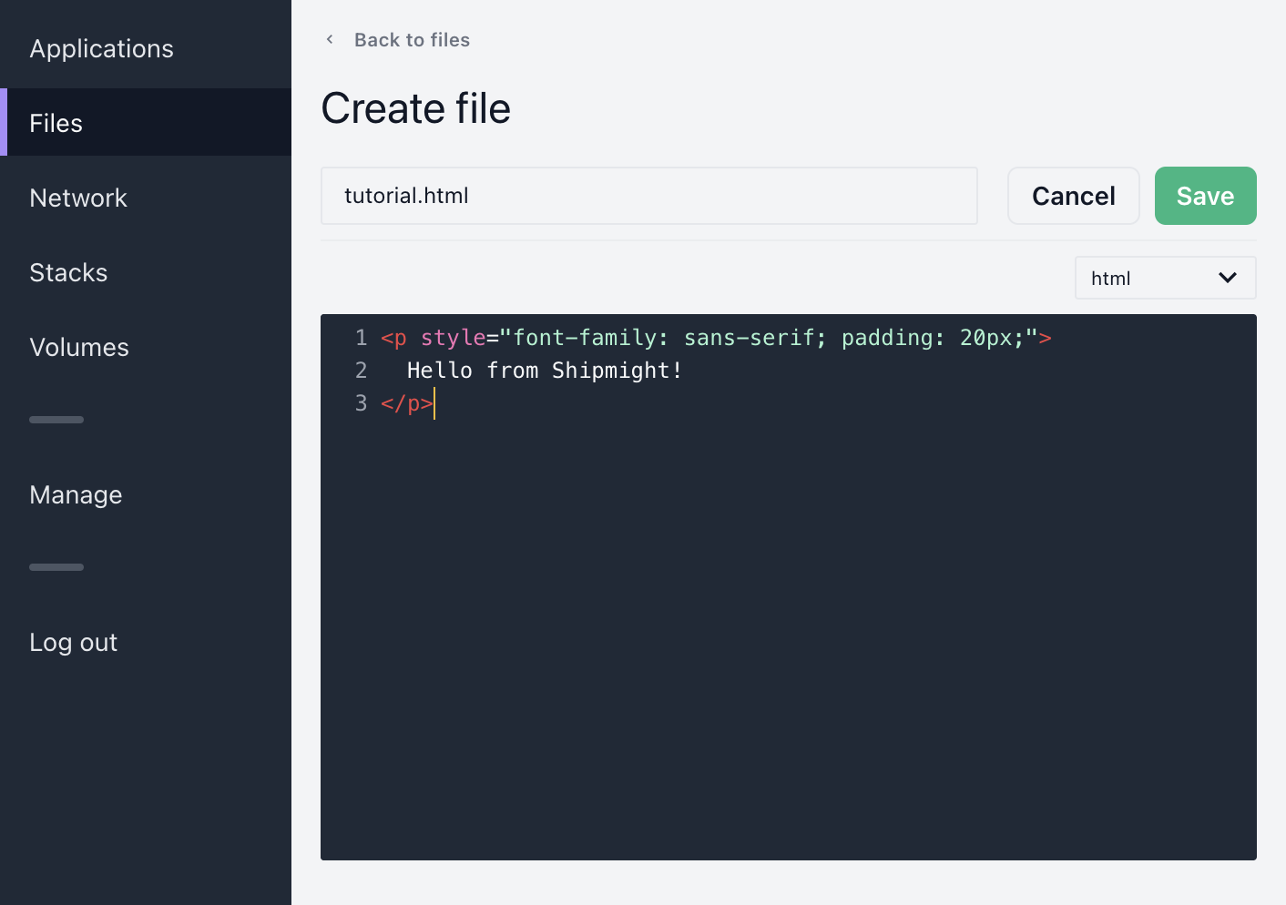 Screenshot of Create file -page
