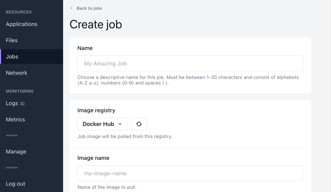 Screenshot of Create job -page