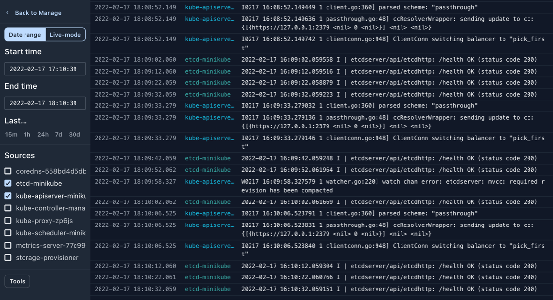 Screenshot of kube-system logs