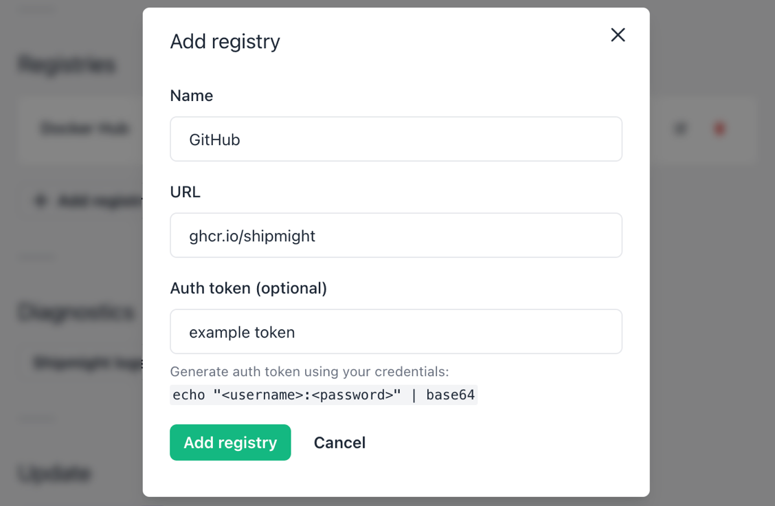 Screenshot of Add registry -modal